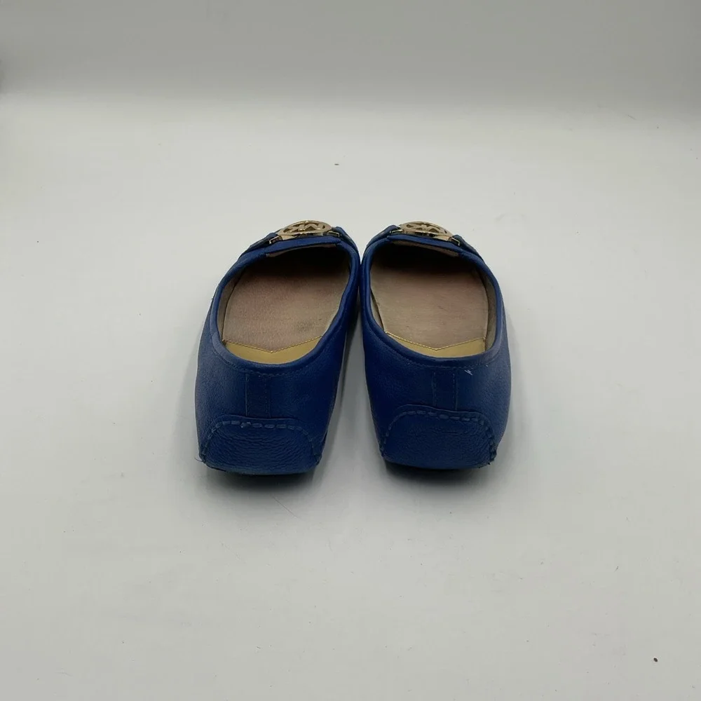MICHAEL KORS 8.5 Fulton Ballet Flats Blue Saffiano Driving Moc Leather Gold Logo